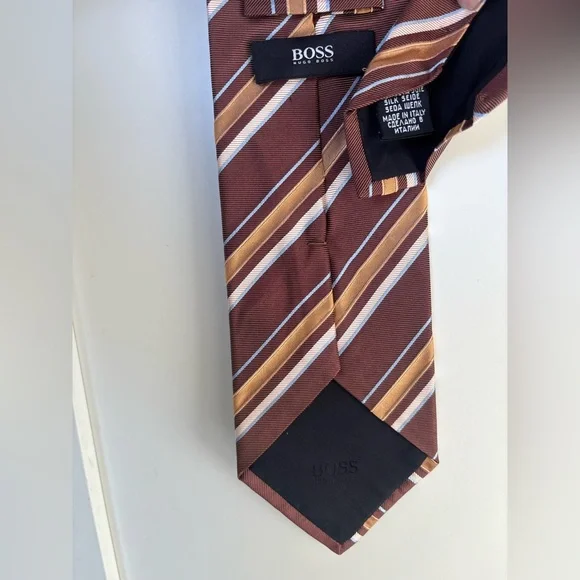 Hugo Boss Necktie Striped Silk 3.25” Made In Italy Brown Blue - Picture 6 of 6